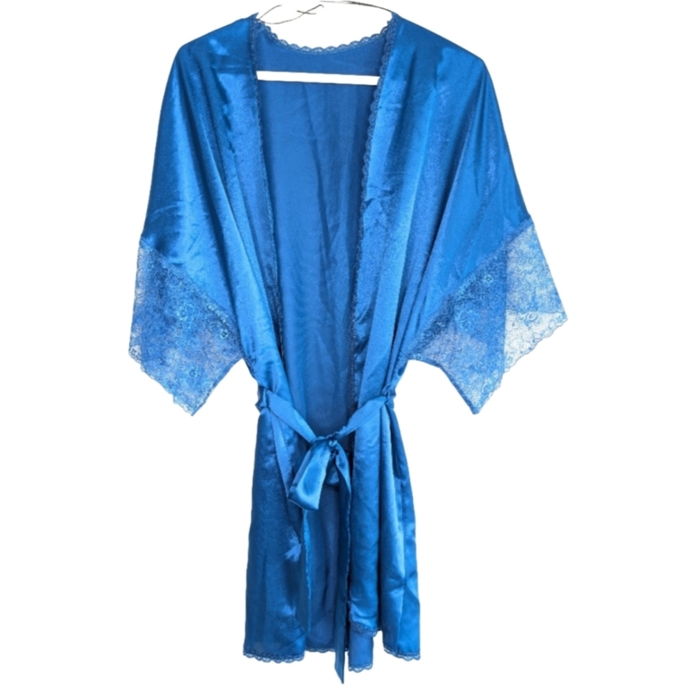 Vintage Kayser Women's One Size Blue Satin Lace Tie Up‎ Robe